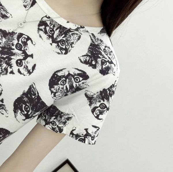 O-neck Cute Cat Print Tshirt